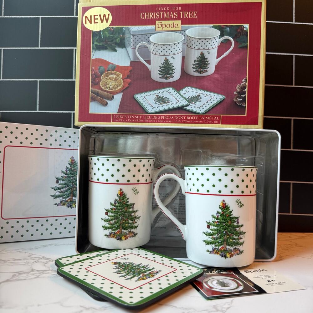 Spode Christmas Tree Polka Dot 5-Piece Mug Coaster Tin NIB